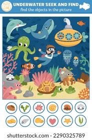 Vector under the sea searching game with sea landscape, submarine, diver. Spot hidden objects in picture. Simple ocean life seek and find educational printable activity for kids. Water animals hunt