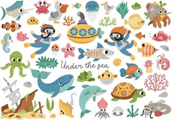 Vector Under The Sea Set. Ocean Collection With Seaweeds, Fish, Divers, Submarine. Cartoon Water Animals And Weeds For Kids. Clipart With Wreaked Ship, Dolphin, Whale, Tortoise, Octopus
