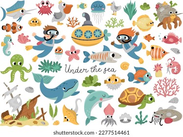 Vector under the sea set. Ocean collection with seaweeds, fish, divers, submarine. Cartoon water animals and weeds for kids. Clipart with wreaked ship, dolphin, whale, tortoise, octopus
 svg