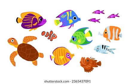 Vector bajo el conjunto marino. Colección oceánica con algas, peces, buceadores, submarinos. Caricatura de animales acuáticos y malezas para niños. Clipart con barco al horno, delfín, ballena, tortuga, pulpo