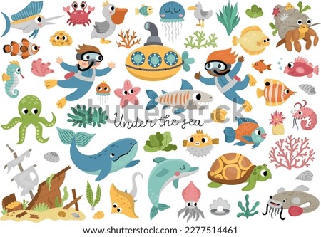Vector under the sea set. Ocean collection with seaweeds, fish, divers, submarine. Cartoon water animals and weeds for kids. Clipart with wreaked ship, dolphin, whale, tortoise, octopus
