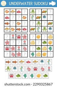 Vector bajo el rompecabezas sudoku del mar para niños con fotos. Prueba de vida oceánica simple con elementos de corte y pegamento. Actividad educativa con animales acuáticos y peces. Dibujar objetos que faltan
