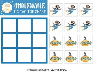 Vector bajo la gráfica de los pies del tic del mar con buceador y submarino. Juego de cartas de vida oceánica jugando con personajes lindos. Graciosa hoja de trabajo marina imprimible. Cuadrícula de nubes y cruzas 
