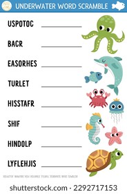 Vector under the sea word scramble activity page. English language game with octopus, dolphin, turtle, seahorse for kids. Ocean life family quiz with starfish, fish. Educational printable worksheet