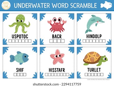 Vector under the sea word scramble activity page. English language game with octopus, dolphin, turtle, seahorse for kids. Ocean life family quiz with starfish, fish. Educational printable worksheet