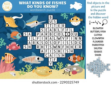 Vector under the sea word search puzzle for kids. Simple ocean life word search quiz for children. Water animals and fish educational activity. What kinds of fishes do you know
