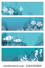 Tarjeta De Criaturas Vectoras Submarinas Con Peces Tropicales Y Caballos De Mar Aislados En Un Fondo Blanco.