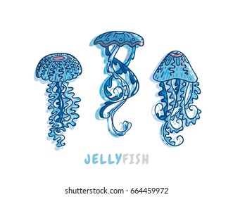 Vector undersea elements for design. Blue ocean jellyfishes (medusa) with wave tentacles. Cute cartoon object, isolated on white background. Shades of blue, pink, indigo colors 
