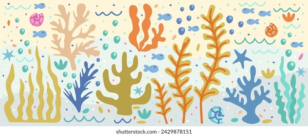 Vector undersea set with colorful seaweed, fishes, seashells, bubbles, waves and seastars.