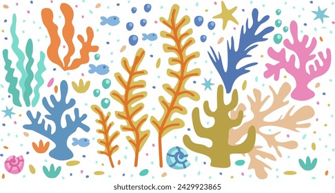 Vector undersea set with colorful seaweed, seashells, bubbles and seastars.