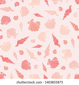 Vector undersea shell seamless pattern. Hand drawn random placed red and pink seashells isolated on pink lines background. Nautical tile design for textile, wrapping, print, fabric, backdrop.
