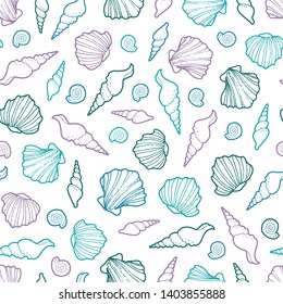 Vector undersea shell seamless pattern. Trendy hand drawn flat random placed seashells isolated on white background. Concept of nautical textile. Tile design for wrapping, print, fabric, backdrop.