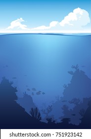 Vector underwater and above-water landscape. Ocean waterline anime clean style. Background design