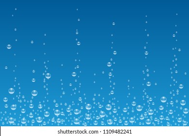 Vector underwater air bubbles texture isolated on blue background. White fizzing bubbles in aquarium, champagne or effervescent drink. 3d transparent realistic oxygen gas bubbles.