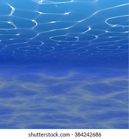 Vector underwater background illustration with water waves. Blue underworld realistic backdrop. Ocean or sea floor.