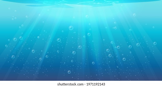 Vector underwater background, transparent aqua texture with air bubbles, ripples and sun rays falling. Sea or ocean aqua with light, seabed and sun beams, water surface, swimming pool or pond depth