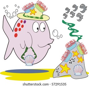 Vector underwater cartoon of funny fish with sea anemone hat fashion.