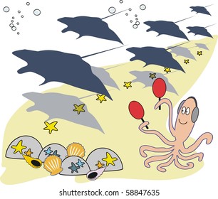 Vector underwater cartoon of manta rays and octopus.