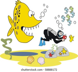 Vector underwater cartoon of skin-diver taking photograph unaware of large fierce fish.