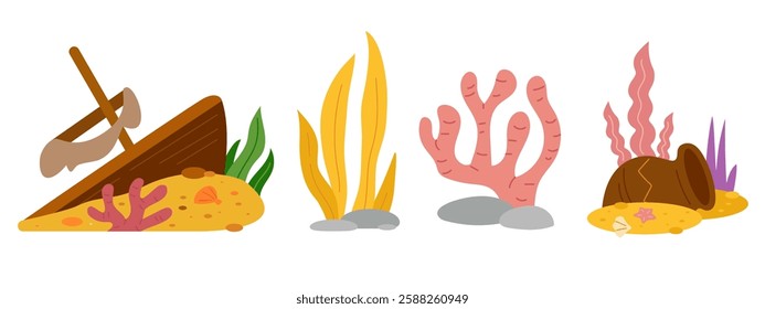 Vector underwater collections with seaweed, corals and sunken ship. Colorful set of sea cartoon objects. Cute flat style isolated on white background