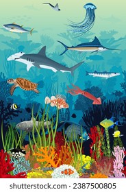 Vector underwater coral reef with animals, seamless pattern. Undersea bottom texture