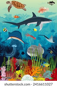 Vector underwater coral reef with animals, seamless pattern. Undersea bottom texture