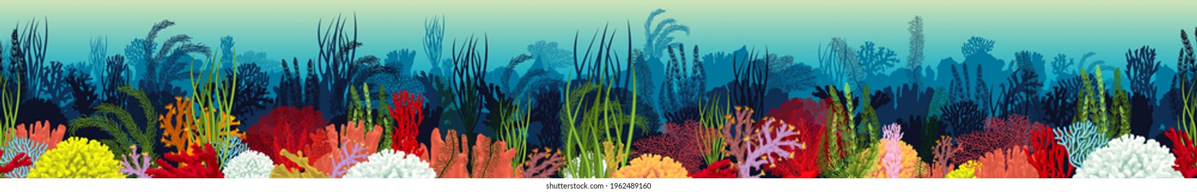 Vector underwater coral reef horizontal seamless pattern. Undersea bottom texture.