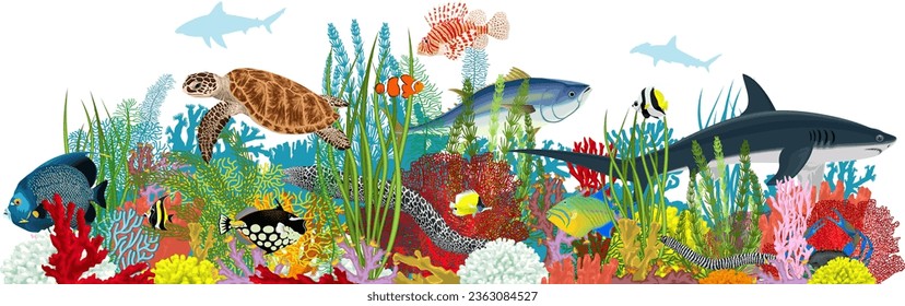 Vector underwater coral reef illustration. Undersea with colorful tropical fishes, sharks and green sea turtle