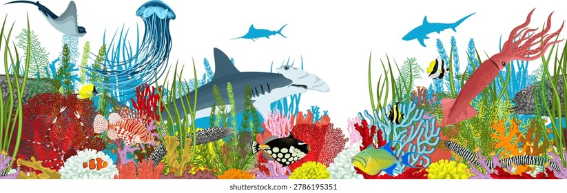 Vector underwater coral reef illustration. Undersea with colorful tropical fishes, squid, hammerhead shark and Jellyfish