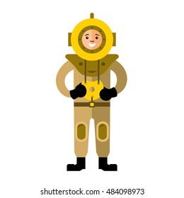 Vector Underwater diving. Antique scuba diver. Flat style colorful Cartoon illustration.