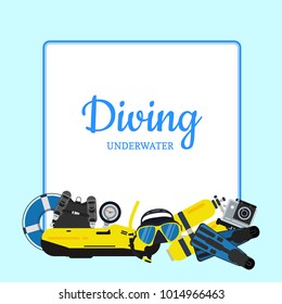 Vector underwater diving elements pile below frame with place for text illustration