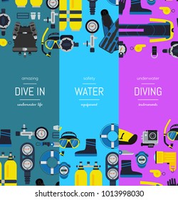 Vector underwater diving vertical banner poster templates of set illustration