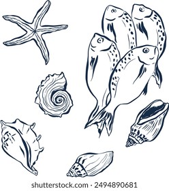 Vector underwater doddle set of fishes, starfish and shells. Hand painted sea elements isolated on white background. Aquatic illustration for design, print or background. Trendy nautical collection.