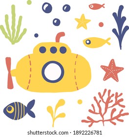 Vector underwater elements illustration. Yellow submarine and ocean objects. Bright and playful colors perfect for kids and children designs and fabric.