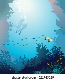 Ilustración submarina vectorial - arrecife de coral con escuela de pescado y silueta de dos buzos en un mar azul.