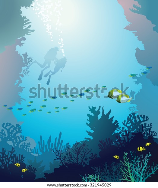 ベクター水中イラスト 青い海に2人のダイバーの魚群とシルエットを持つサンゴ礁 のベクター画像素材 ロイヤリティフリー