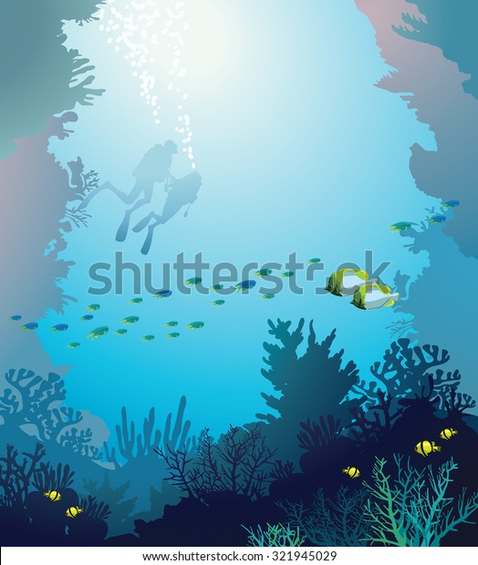 Vector Underwater Illustration Coral Reef School Stock Vector (Royalty