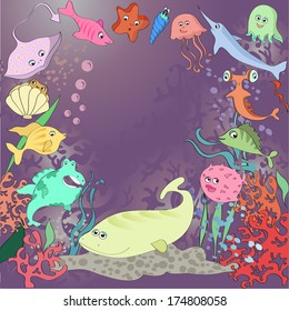 vector underwater landscape with fish and plants