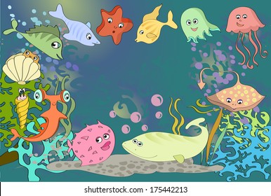 vector underwater landscape with fish and plants