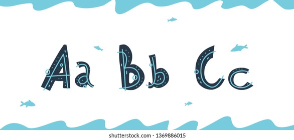Vector underwater latin letters A, B, C  in Scandinavian style. Isolated on white background. Hand drawn cute vector graphic font. Unique letter design for posters, cards and holiday invitations.