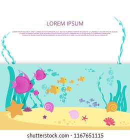 Vector underwater life with colored fish cartoon banner and poster design illustration