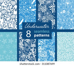 Vector Underwater Life Eight Set Seamless Pattern. California Coast See weed and Tropical Fish.