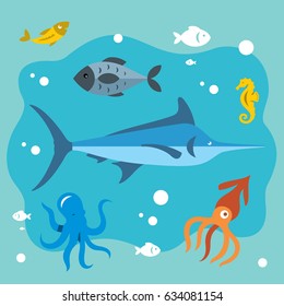 Vector Underwater life. Flat style colorful Cartoon illustration.