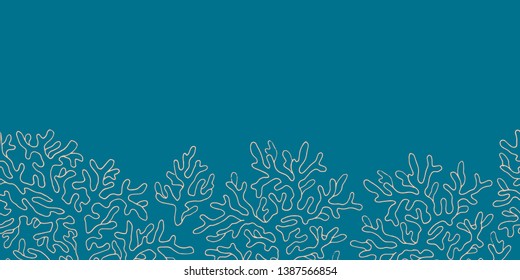Vector underwater natural horizontal template. Illustration of marine reef blue outline coral isolated on blue background. Abstract texture for sea theme fabric, textile, paper, wrapping