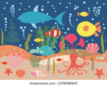 Vector underwater ocean landscape with corals, seaweeds, shells and fish. Flat aquatic ecosystem with coral little fish, octopus, algae, shark, globefish and shells.