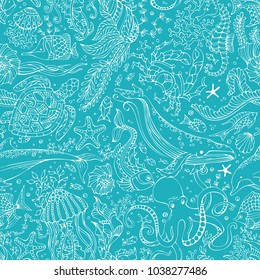 Vector underwater outline boundless background. Whale, dolphin, turtle, fish, starfish, crab, octopus, shell, jellyfish, seahorse, seaweed. Seamless pattern of ocean animals and plants.