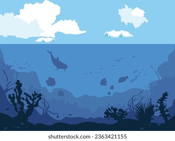 Vector underwater and overwater landscape.  Underwater view with clear blue water with clouds in the sky. Ocean waterline anime pure style. Background design