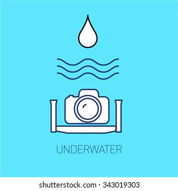 vector underwater photography and camera linear icon and infographic | illustrations of gear and equipment for professional photographers and amateurs isolated on blue background