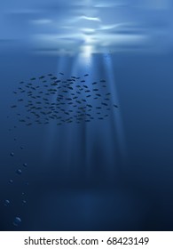 vector underwater scene with fishes and light beams, eps 8 file, no transparency used