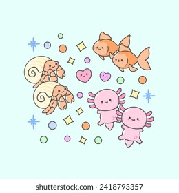 Vector Underwater Sea Animal Salamender Fish Hermit with cute facial expressions and pastel colour